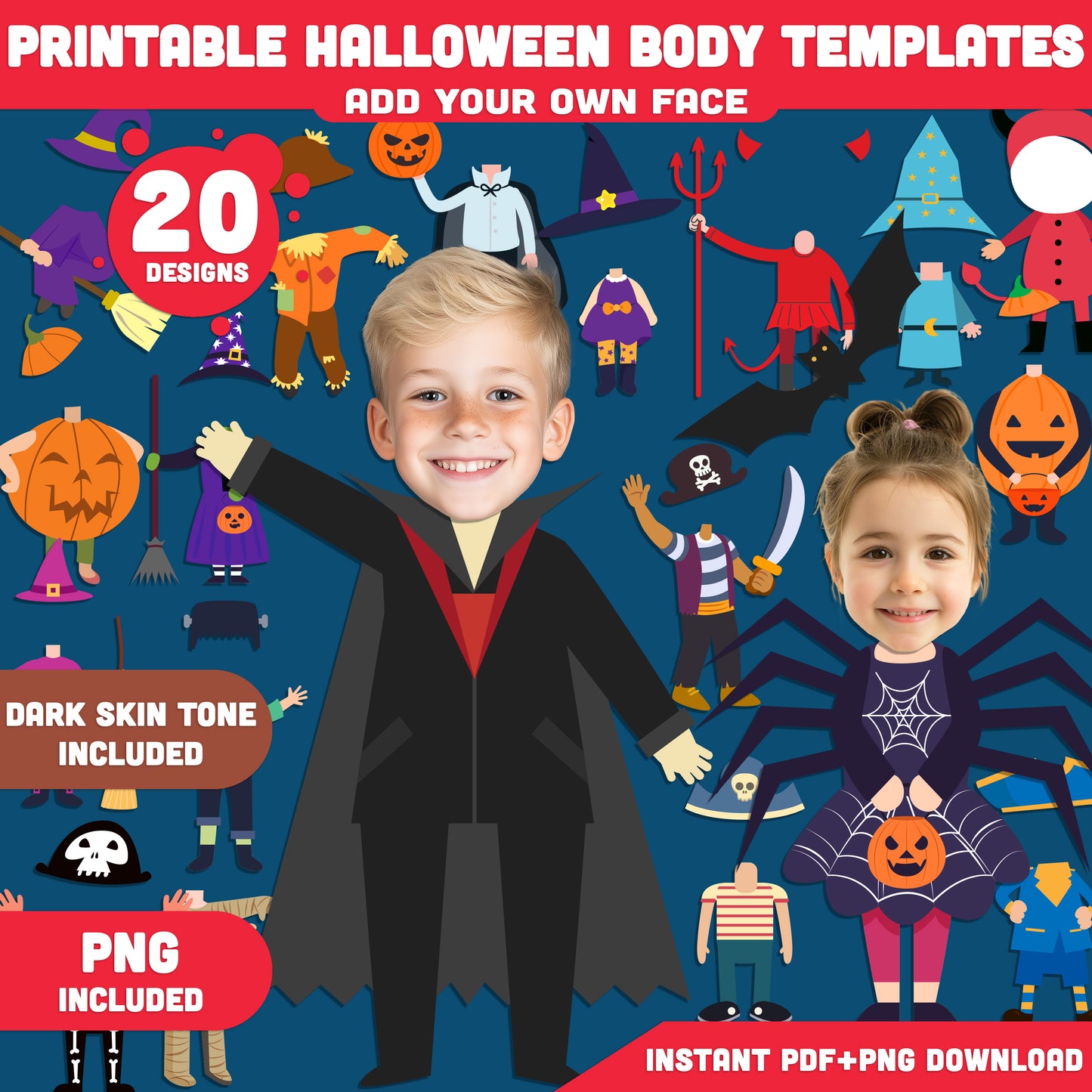 Printable Halloween Body Templates for Kids – 20 Light + 20 Dark Skin Designs, PDF + PNG,  8.5"x11", Add Your Own Face, Fun Craft, Home & Classroom