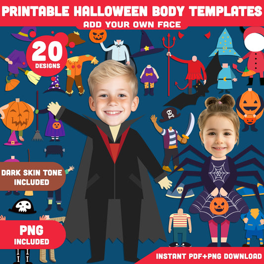 Printable Halloween Body Templates for Kids – 20 Light + 20 Dark Skin Designs, PDF + PNG,  8.5"x11", Add Your Own Face, Fun Craft, Home & Classroom