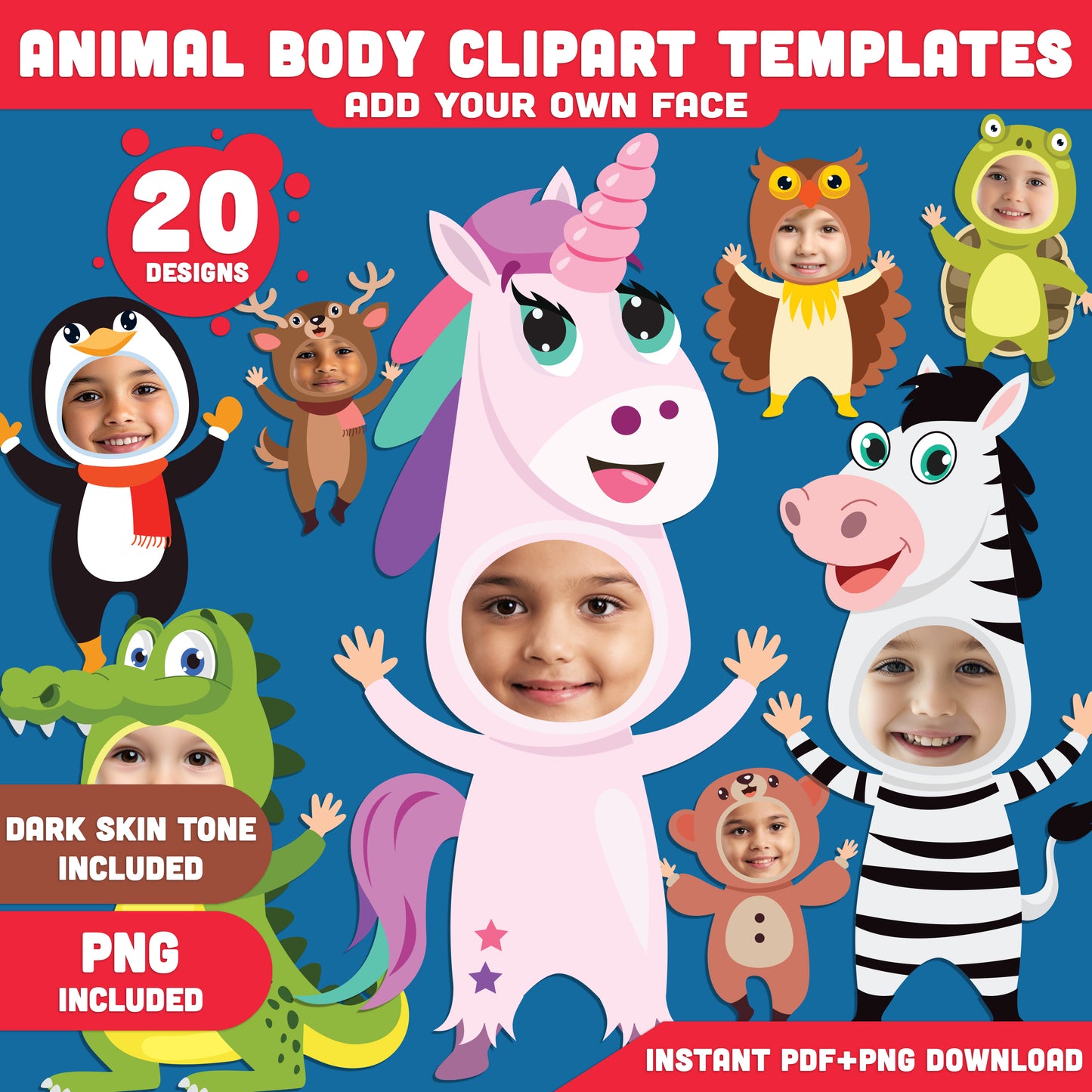 Funny Animal Body Cutouts: DIY Face Swap Craft with Animal Body Clipart Templates, Add Your Own Face for Creative Kids’ Fun, Cute Designs, Light + Dark Skin Tone, PDF + PNG