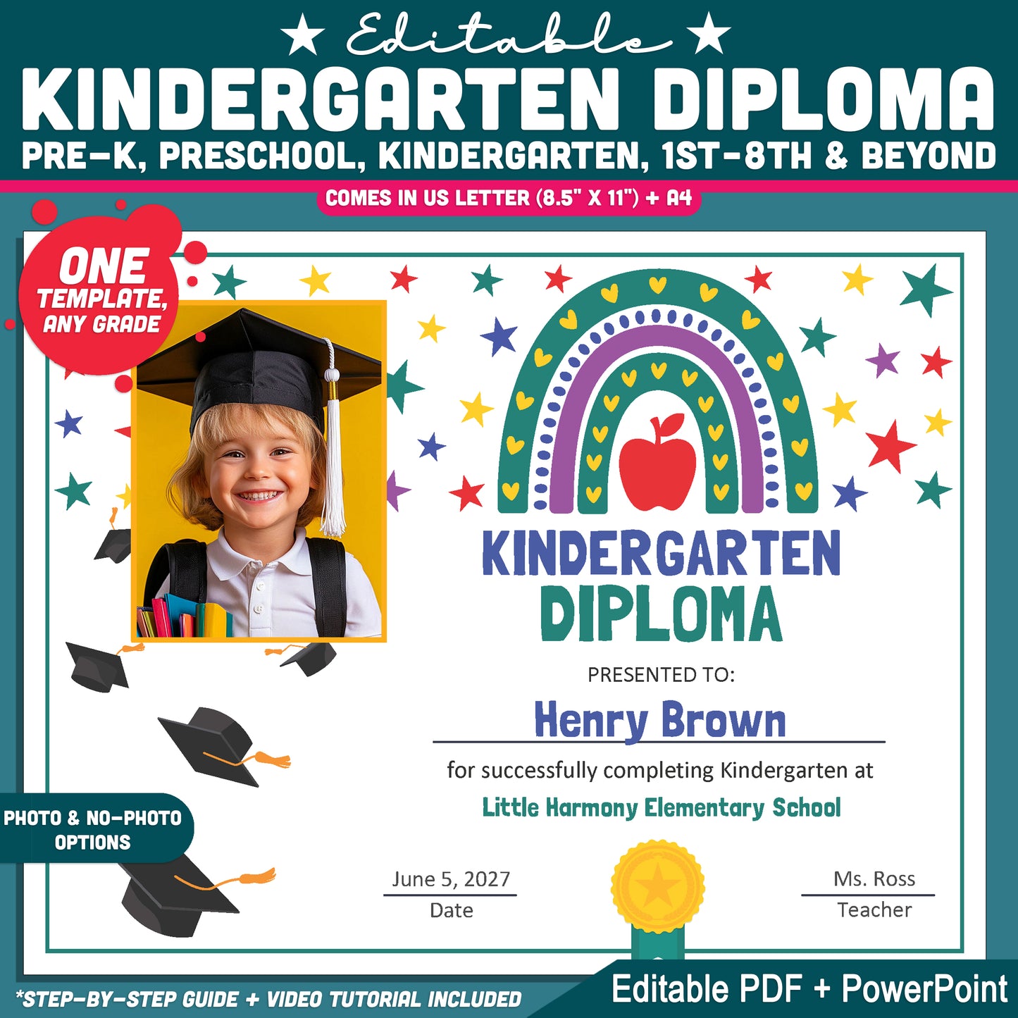 Editable Kindergarten Diploma, Printable Graduation Awards with Photo and No-Photo Options, PDF and PowerPoint, Editable for Any Grade