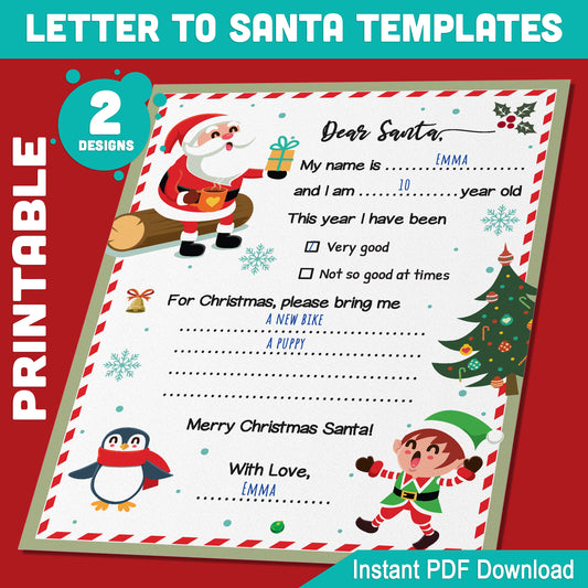 Christmas Letter to Santa Printable: 2 Fill-in-the-Blank Designs, 8.5x11 Inches, Perfect for Boys and Girls, Fun Holiday Activity, Instant PDF Download