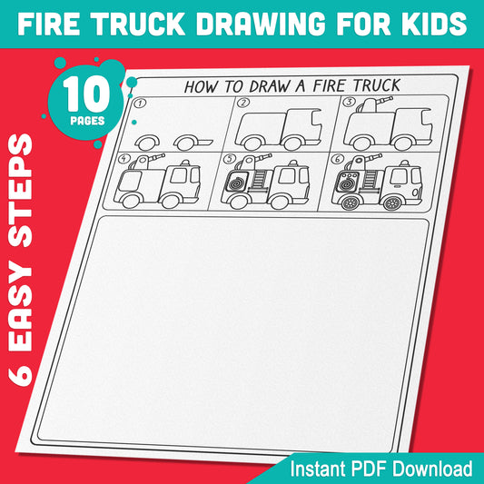 Step-by-Step Fire Truck Drawing Tutorial: 5 Fun Pages with 5 Coloring Sheets for Kids’ Art Projects, Perfect for Home or School, Instant Download