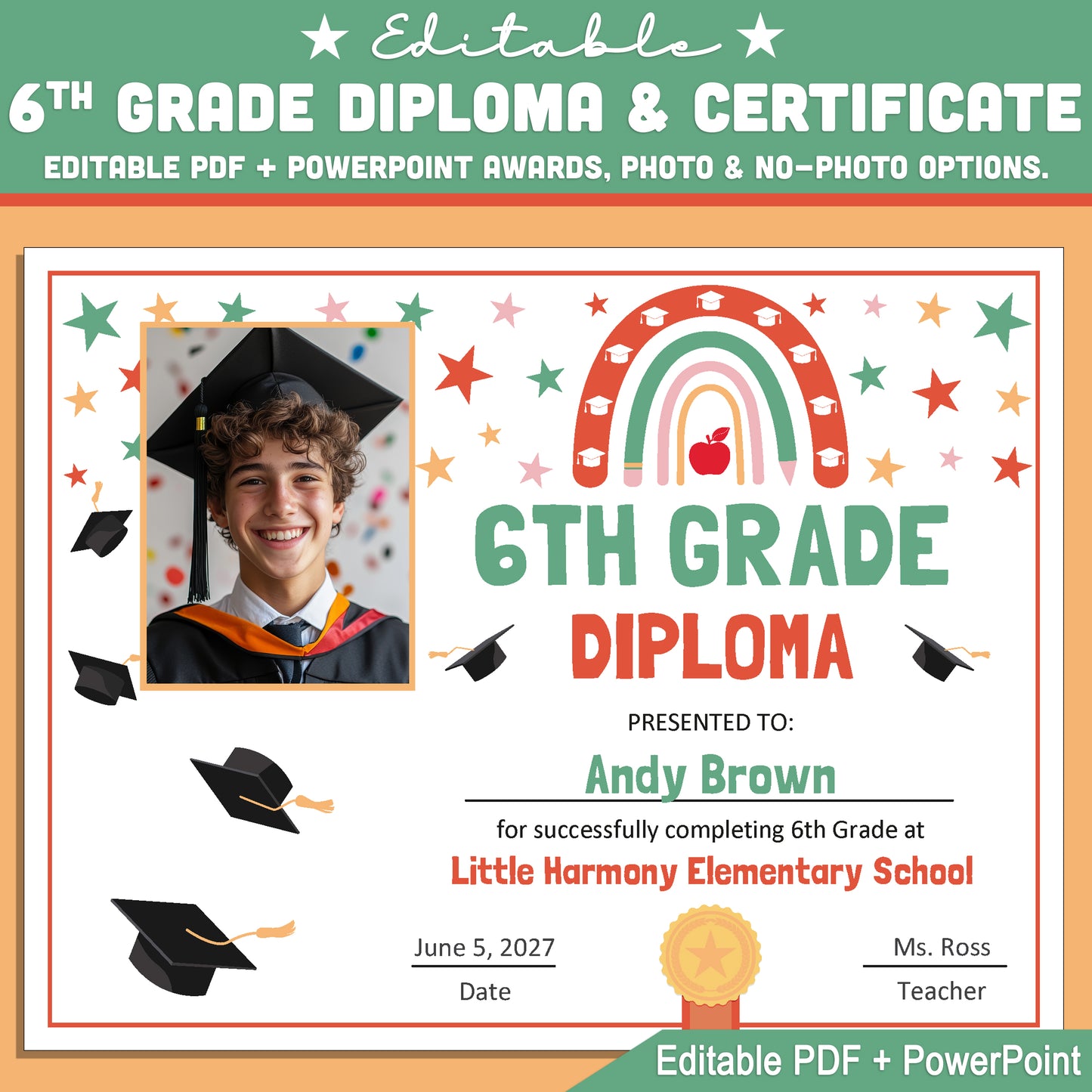Editable 6th Grade Graduation Diploma & Certificate Set, Retro Rainbow Stars Theme, Printable Awards, Photo or No-Photo, PDF, PowerPoint