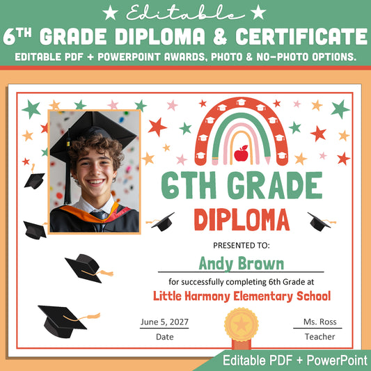 Editable 6th Grade Graduation Diploma & Certificate Set, Retro Rainbow Stars Theme, Printable Awards, Photo or No-Photo, PDF, PowerPoint