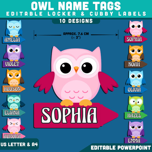 Owl Name Tags, Editable Locker & Cubby Labels, Printable Classroom Organization, Owl on Crayons, PowerPoint, US Letter, A4