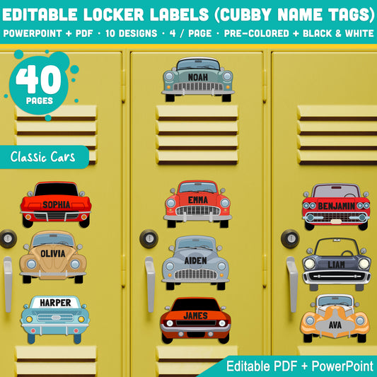 Retro Classic & Vintage Car Name Tags – Editable Locker and Cubby Labels, 10 Designs, PDF + PowerPoint, Instant Download