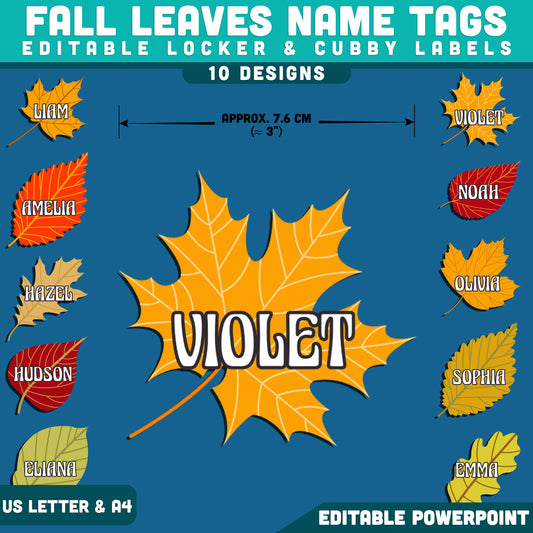 Fall Leaves Name Tags, Leaf Locker & Cubby Labels, Printable Classroom Organization, Editable PowerPoint, 10 Autumn Designs, US Letter, A4