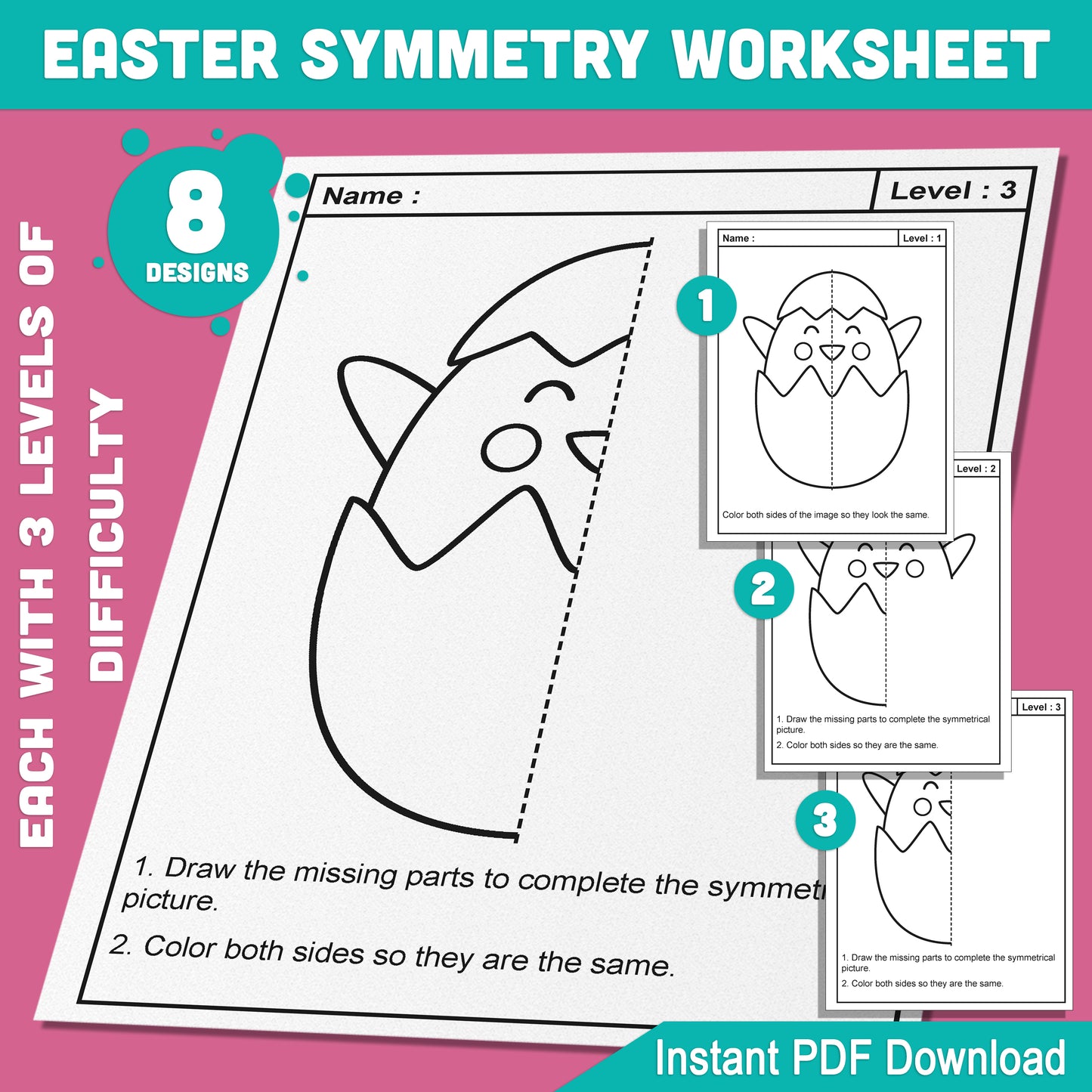 Easter Symmetry Activity Pack: 24 Printable Pages with 8 Themed Designs in Easy, Medium, and Hard Levels for Kids, Home, or Classroom Use