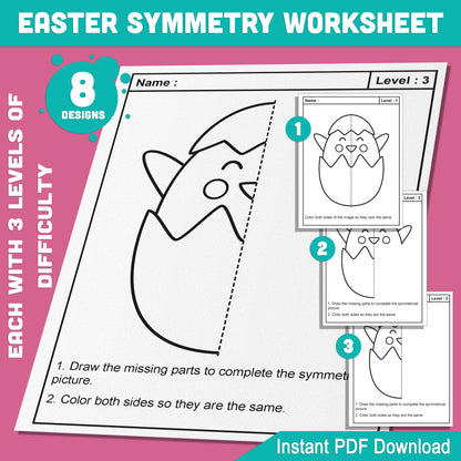 Easter Symmetry Activity Pack: 24 Printable Pages with 8 Themed Designs in Easy, Medium, and Hard Levels for Kids, Home, or Classroom Use