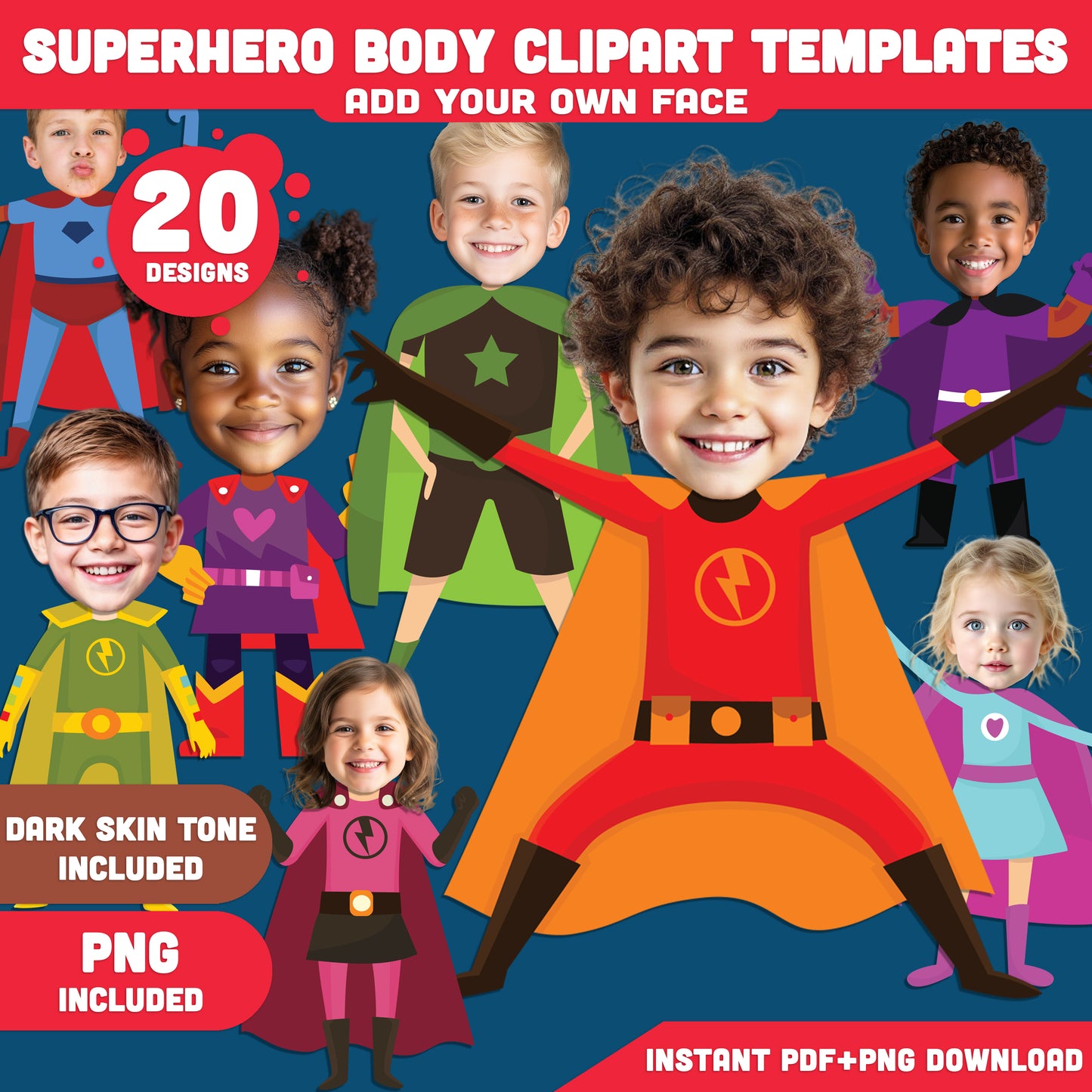 Superhero Body Clipart – DIY Kids Craft! Add Your Face to Fun Hero Designs, Light + Dark Skin, PDF + PNG + Coloring Pages