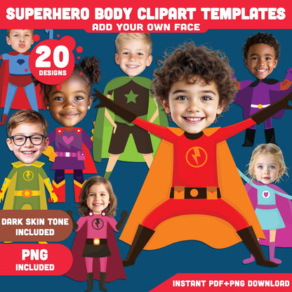 Superhero Body Clipart – DIY Kids Craft! Add Your Face to Fun Hero Designs, Light + Dark Skin, PDF + PNG + Coloring Pages