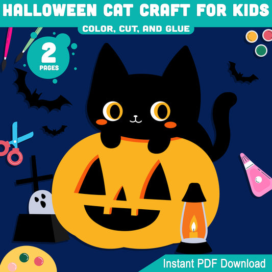 Fun Printable Halloween Cat Craft for Kids, Pre-Colored + Black & White, Simple Cut and Glue Activity for Classroom or Home October Projects