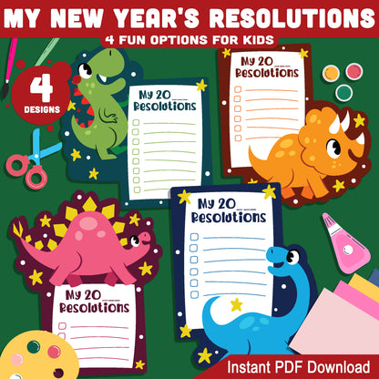 2025 Dinosaur-Themed New Year’s Resolution Worksheets: 4 Unique Designs with 4 Fill-In Options, 2 Per Page, Instant PDF for Fun Goal-Setting