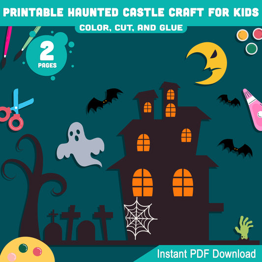 Printable Haunted Castle Paper Craft for Kids, October Halloween Classroom Activity, Easy Cut and Glue Craft for Preschool, Pre-K, Kindergarten
