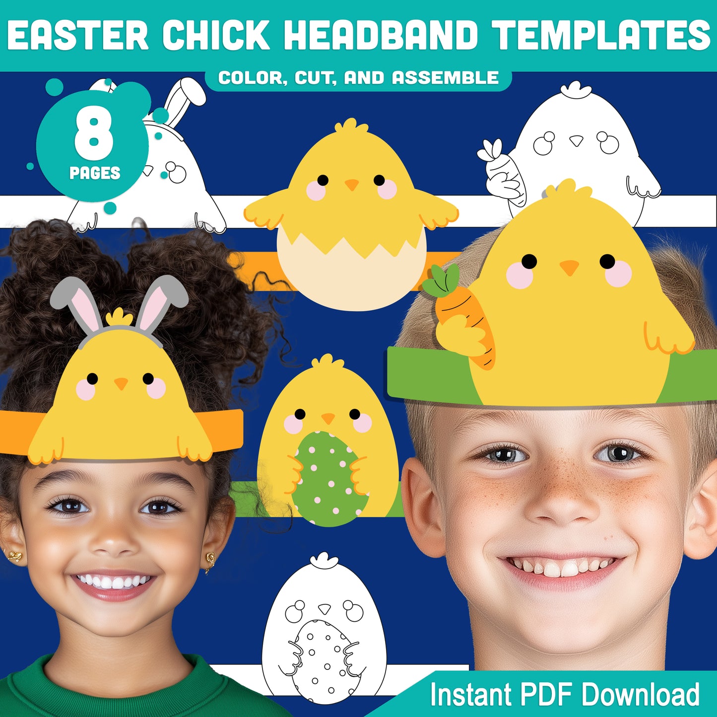 Easter Chick Headband Templates – Spring Paper Crown Printable, Holiday Hat Craft for Kids, Pre-color + Black & White, Cut & Assemble