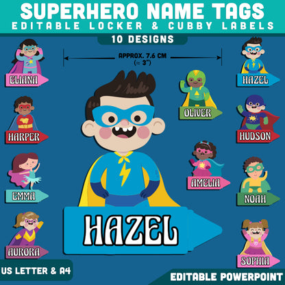 Superhero Theme Editable Labels, Name Tags, Locker & Cubby Labels, Classroom Setup, PowerPoint, 10 Designs, Student Spaces, US Letter, A4