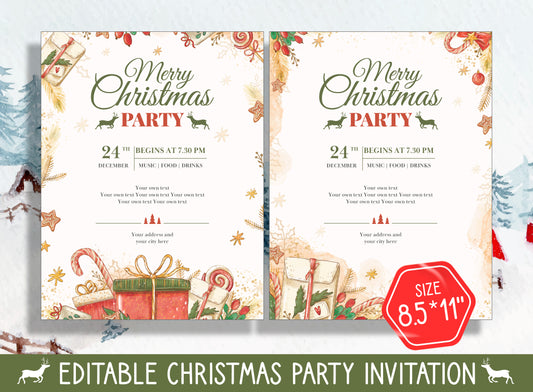 Personalize Your Festivities: Get Creative with Editable Christmas Party Invitations - Explore 2 Designs & 2 Sizes (8.5"x11" and 5"x7")