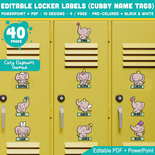 Editable Locker Labels (Cubby Name Tags), Cute Elephant Theme, 40 Pages, Pre-Colored + Black & White, PDF + PowerPoint, Perfect Back to School Craft