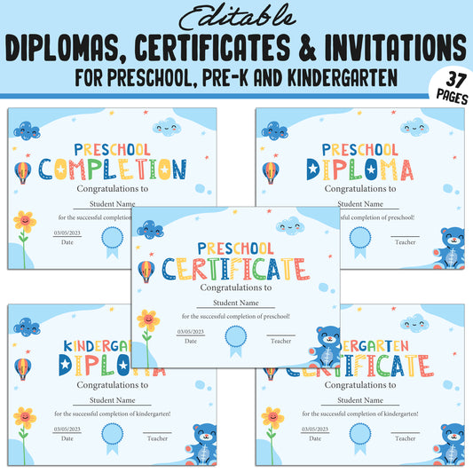 Preschool Diploma Template, PreK, Preschool, Kindergarten Diplomas, Certificates & Invitations – 37 Customizable PDF Pages, Instant Download