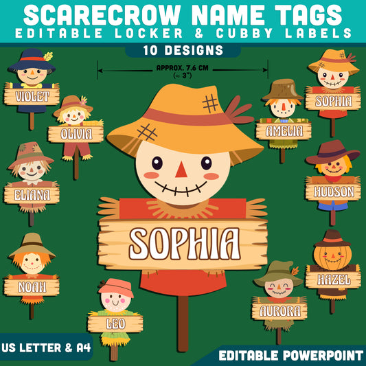 Scarecrow Name Tags, Autumn Classroom Decor, Editable Fall Student Labels for Desks, Lockers & Cubby Spaces, 4 per Page, US Letter & A4