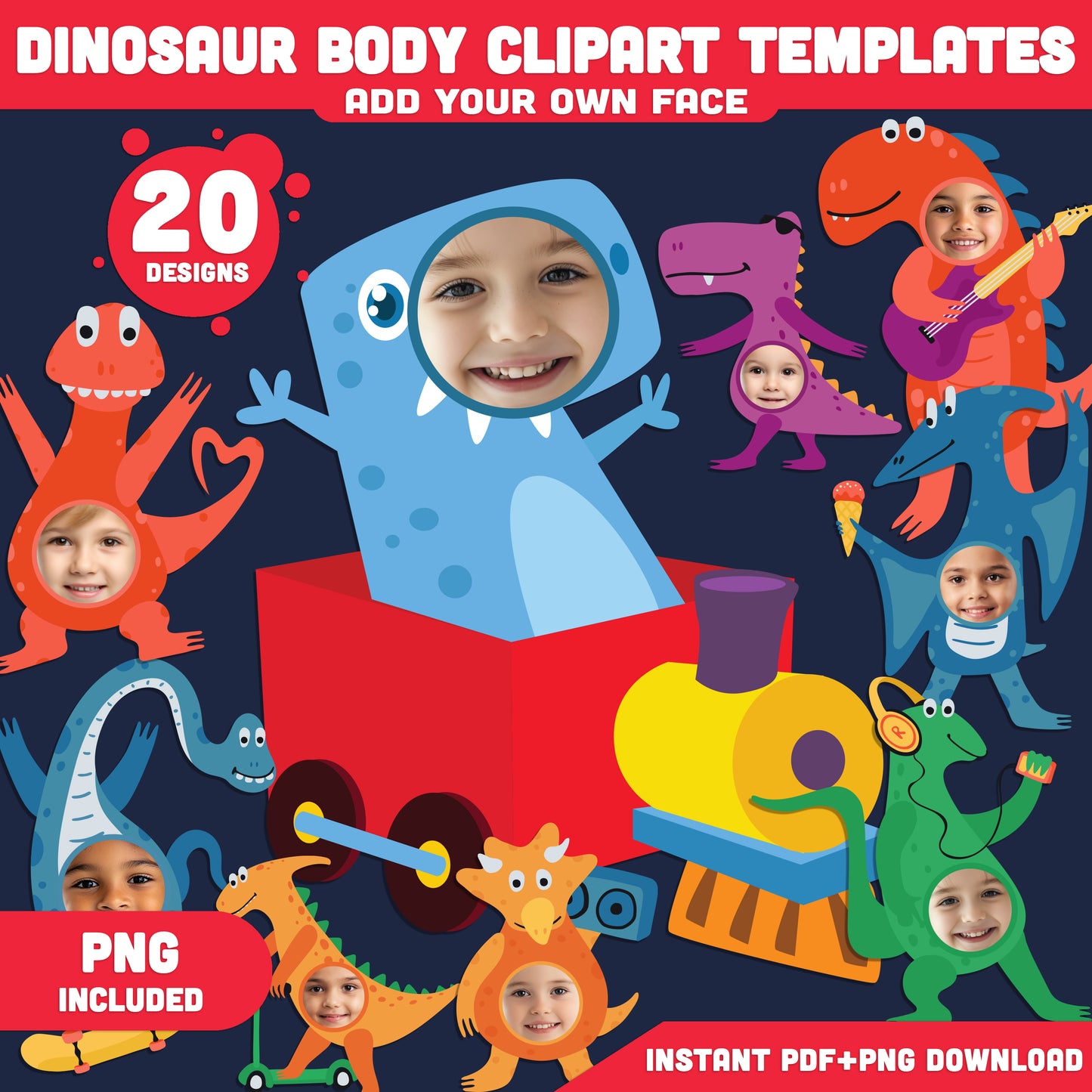 Dinosaur Body Clipart Templates: Add Your Photo Face for a Fun Dino-Themed Craft, Printable Cutouts for Kids’ DIY Art Activity, PDF + PNG Instant Download