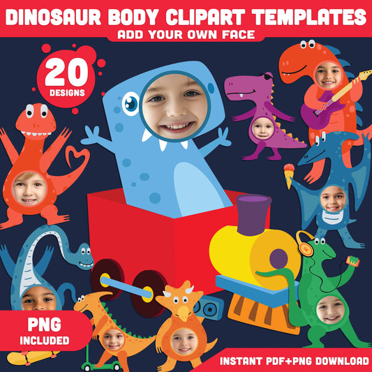 Dinosaur Body Clipart Templates: Add Your Photo Face for a Fun Dino-Themed Craft, Printable Cutouts for Kids’ DIY Art Activity, PDF + PNG Instant Download