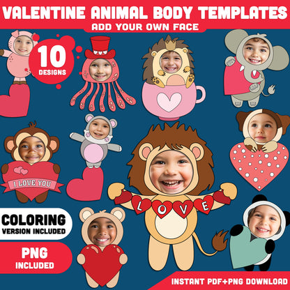 Valentine Animal Add Your Own Face Crafts, Valentine Animal Body Templates with Coloring Pages, Fun Valentine Classroom Activity, PDF & PNG