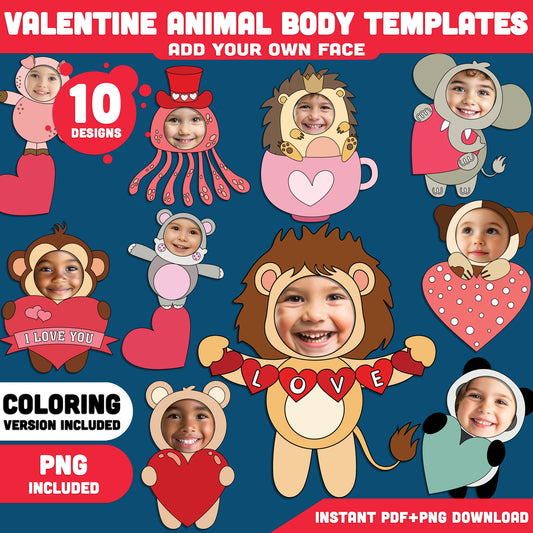 Valentine Animal Add Your Own Face Crafts, Valentine Animal Body Templates with Coloring Pages, Fun Valentine Classroom Activity, PDF & PNG