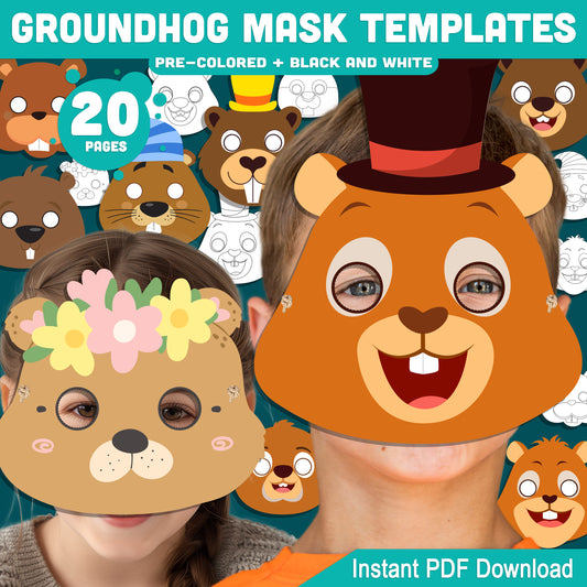 Groundhog Mask Templates for Kids – Fun Groundhog Day Classroom Activity, 10 Printable Paper Mask Designs, Pre-Colored + Black and White, PDF Download