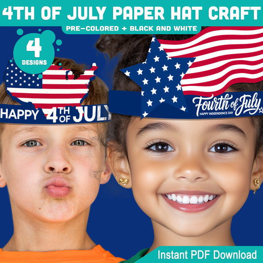 4th of July Paper Hat Craft, Patriotic Wearable Craft Activity for Kids, Printable Independence Day Party Hat Templates