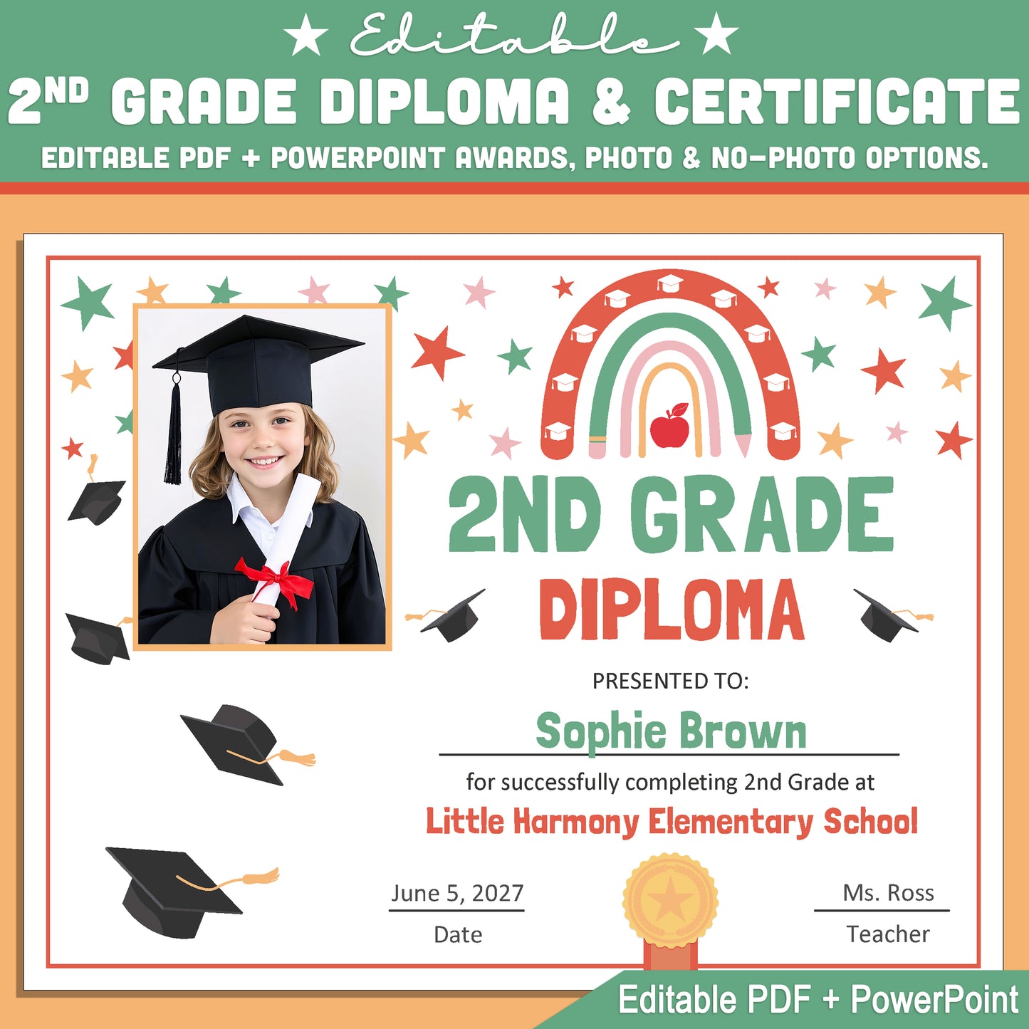 Editable 2nd Grade Graduation Diploma & Certificate Set, Retro Rainbow Stars Theme, Photo and No-Photo Awards, PDF and PowerPoint