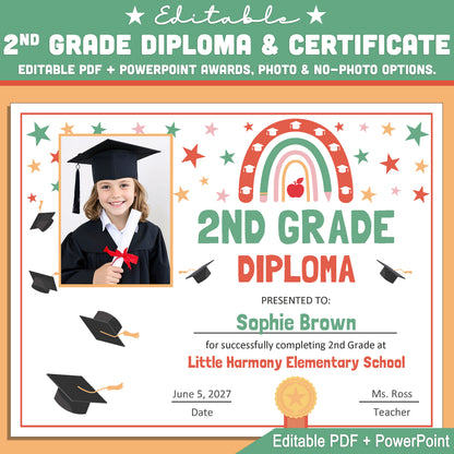 Editable 2nd Grade Graduation Diploma & Certificate Set, Retro Rainbow Stars Theme, Photo and No-Photo Awards, PDF and PowerPoint