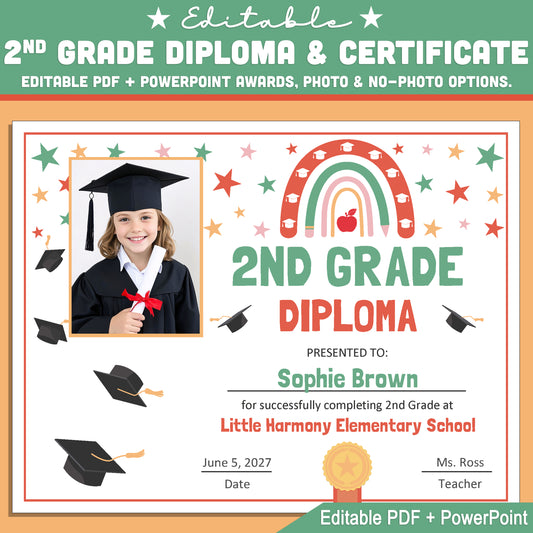 Editable 2nd Grade Graduation Diploma & Certificate Set, Retro Rainbow Stars Theme, Photo and No-Photo Awards, PDF and PowerPoint