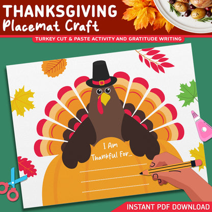 Thanksgiving Placemat Craft, Turkey Paper Craft, Gratitude Worksheet