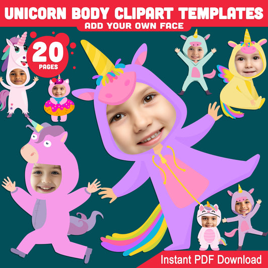 Unicorn Body Clipart Templates: Personalize with Your Photo Face, 20 Fun Unicorn Cutouts for Kids' Creative Crafts, Fairy Tale Printable PDF Download.