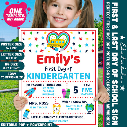 First & Last Day of School Sign Printable, Editable Back to School Poster, Classroom Photo Board, School Memory Keepsake
