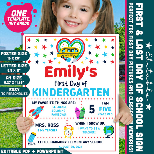 First & Last Day of School Sign Printable, Editable Back to School Poster, Classroom Photo Board, School Memory Keepsake