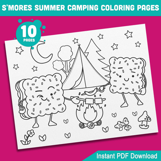 Fun S'mores Summer Camping Coloring Pages, 10 Printable Sheets for Kids' Outdoor Parties and End of School Year Celebrations, PDF Download