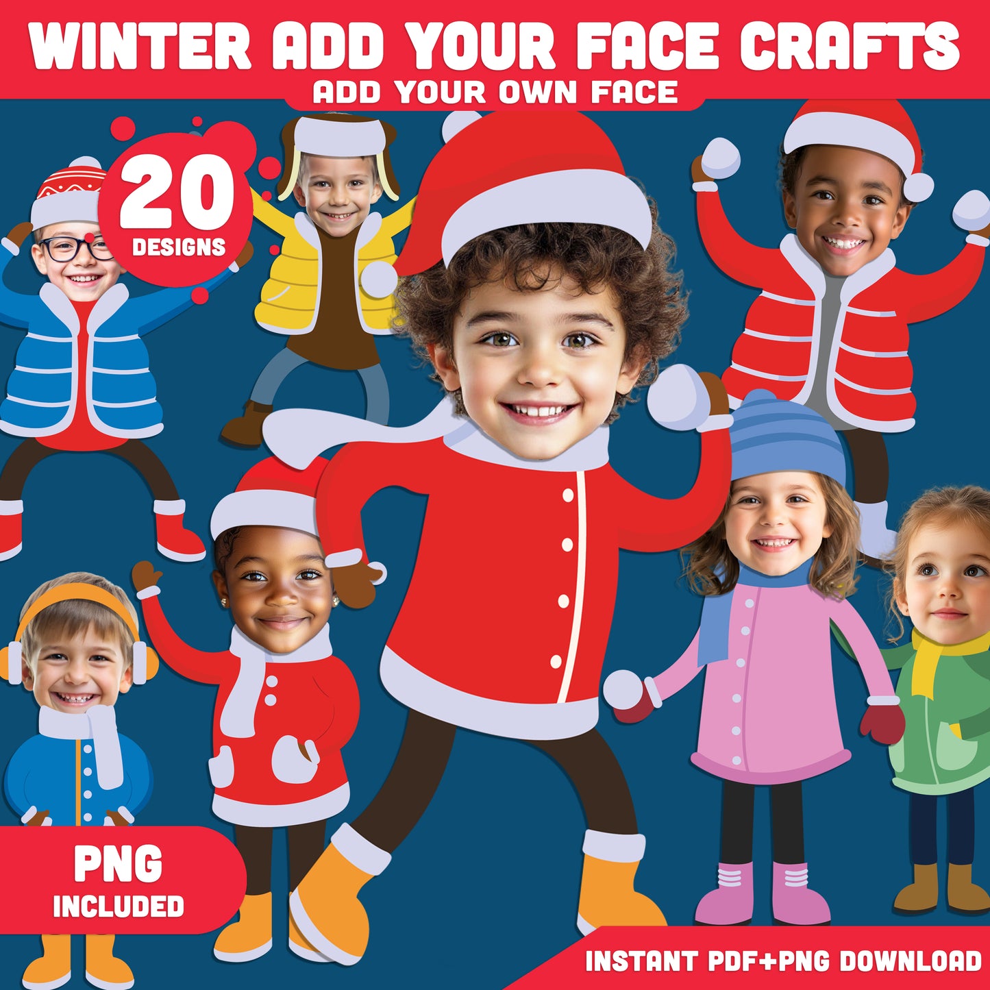 Winter Add Your Face Crafts – Winter Kids Body Templates, 20 Fun Winter Cut-and-Paste Designs, High-resolution PDF + PNG for Classroom, Home, and Group Activities