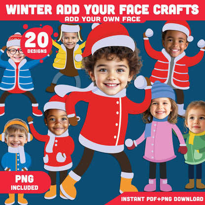 Winter Add Your Face Crafts – Winter Kids Body Templates, 20 Fun Winter Cut-and-Paste Designs, High-resolution PDF + PNG for Classroom, Home, and Group Activities