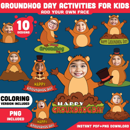 Groundhog Day Add Your Own Face Crafts – Add Your Photo Groundhog Templates, Classroom and Home Activity, Coloring Version Included
