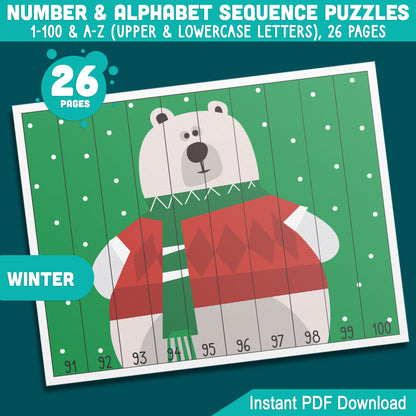 Festive Christmas and Winter Holiday Puzzles: Number 1-100 and Alphabet A-Z Activities for Kids, Ideal for Preschool Math Centers, Printable PDF Download