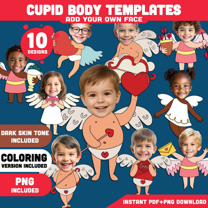 Cupid Body Templates Add Your Face – Valentine Crafts, Valentine’s Day Body Templates, Coloring Version Included, PDF & PNG