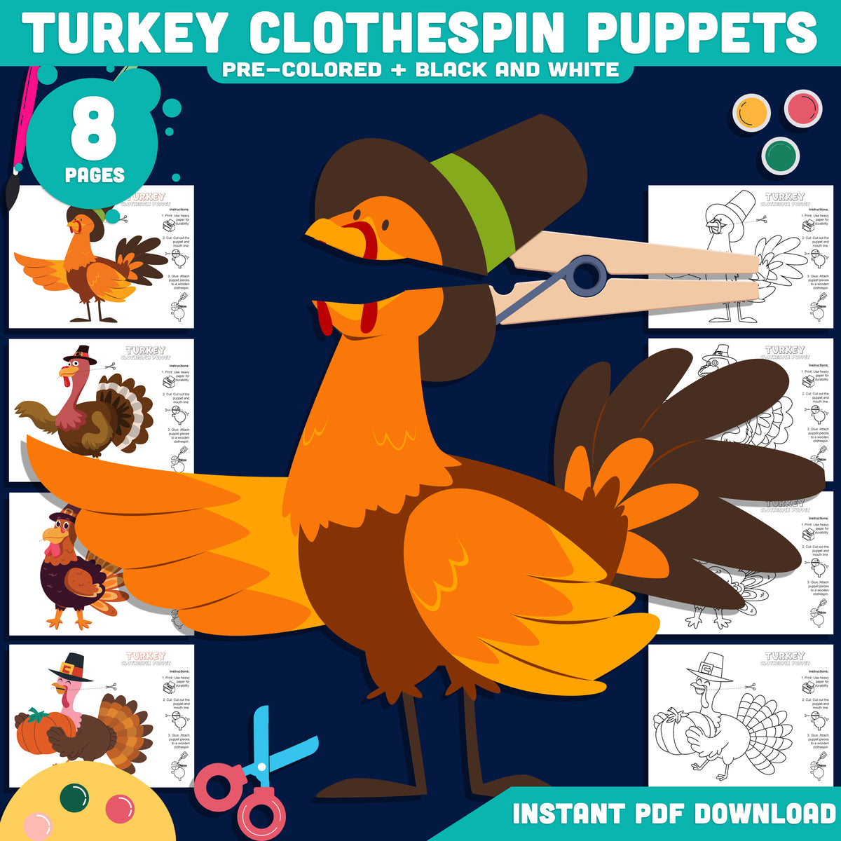 Thanksgiving Turkey Puppet Craft, Printable Clothespin Activity