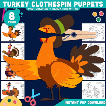 Thanksgiving Turkey Puppet Craft, Printable Clothespin Activity