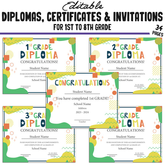 34 Editable First Grade Diplomas, 1st-8th Grade Certificates, Diplomas, and Invitation Templates, Flat Modern-Themed, PDF Instant Download