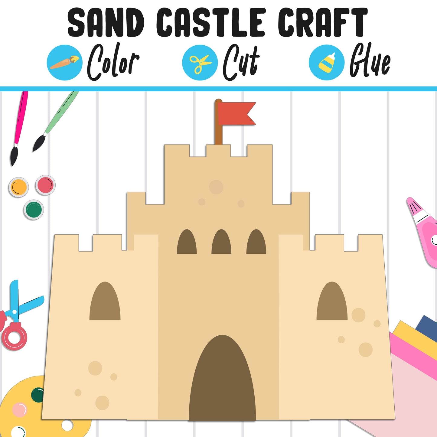 Build a Sandcastle: Summer Craft Activity for Kids - Color, Cut, and Glue Fun for Pre K to 2nd Grade, Instant PDF Download