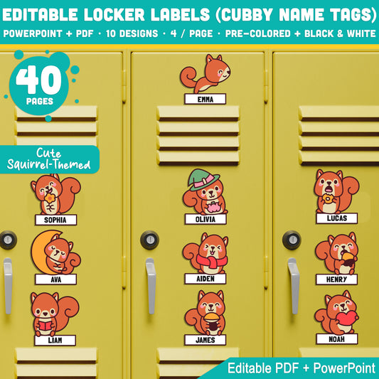 Editable Locker Labels, Cute Squirrel-Themed, Cubby Name Tags, 40 Pages, Pre-Colored + Black & White, PDF + PowerPoint for Teachers