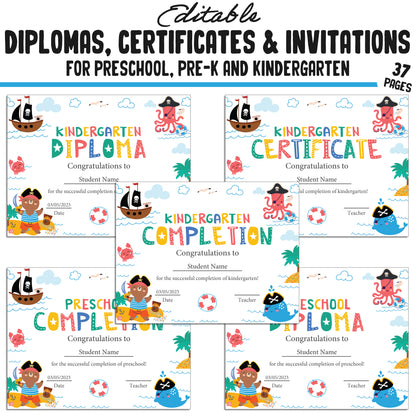 Printable / Editable Kindergarten, Pre-K, Preschool Completion Certificates, Diplomas & Invitations, PDF Files, Instant Download