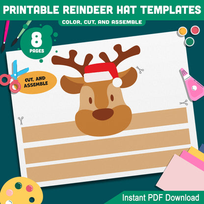 Festive Reindeer Hat Crown Templates: Christmas Craft Activity for Kids, 4 Unique Designs in Color & Black-and-White, Printable Instant Download.